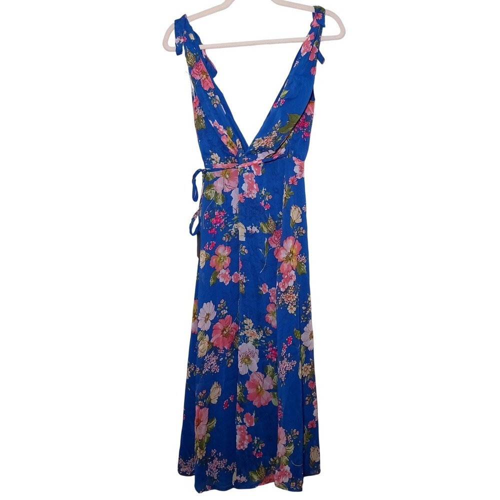 NWT Lulus Sensational Season Blue Floral Tie-Strap‎ Wrap Midi Dress S Sundress - Picture 6 of 10
